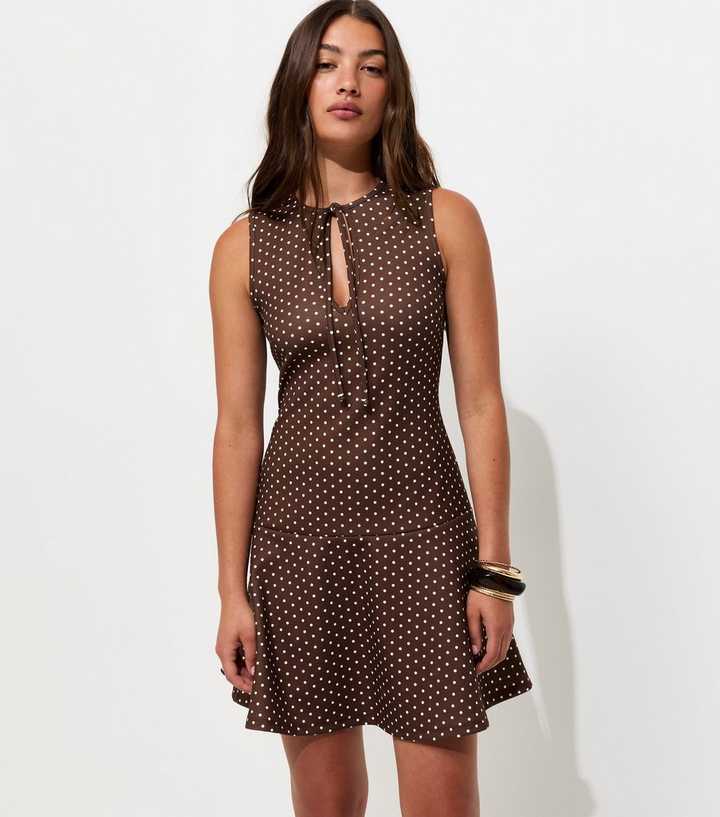 Brown Spot Print Keyhole Drop Waist Mini Dress