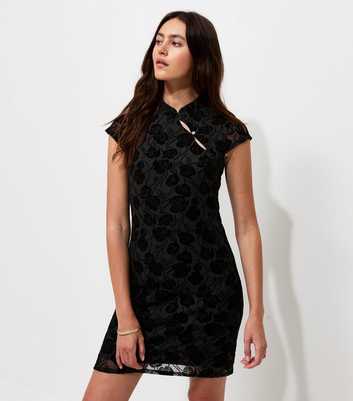 Black Floral Flocked Double Keyhole Mini Dress