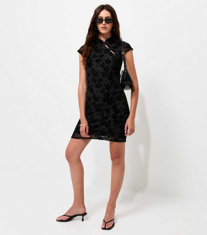 Black Floral Flocked Double Keyhole Mini Dress