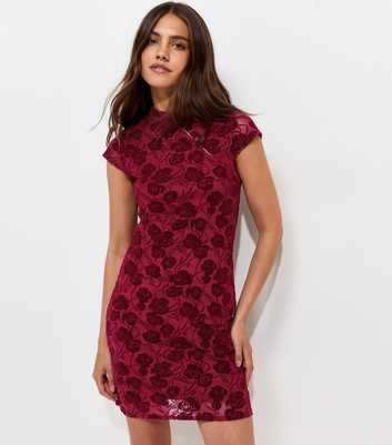 Dark Burgundy Floral Flocked Double Keyhole Mini Dress