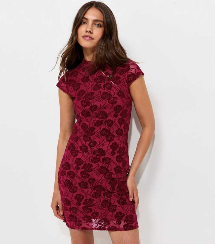 Dark Burgundy Floral Flocked Double Keyhole Mini Dress