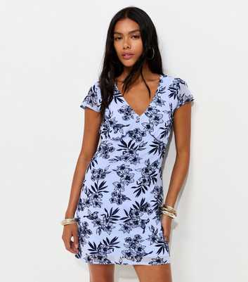 Blue Flocked Velvet Trim V-Neck Mini Dress