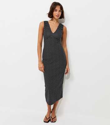 Black Polka Dot Ruched Shoulder V-Neck Midi Dress