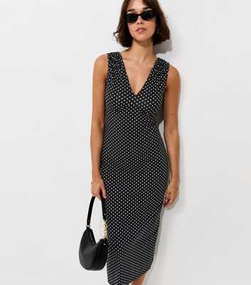 Black Polka Dot Ruched Shoulder V-Neck Midi Dress
