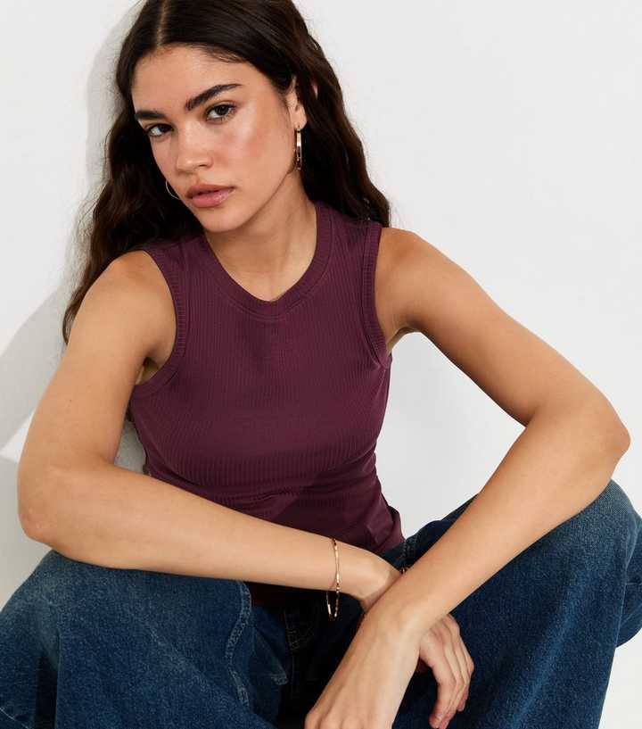 Dark Burgundy Cotton Rich Ribbed High Neck Tank Top