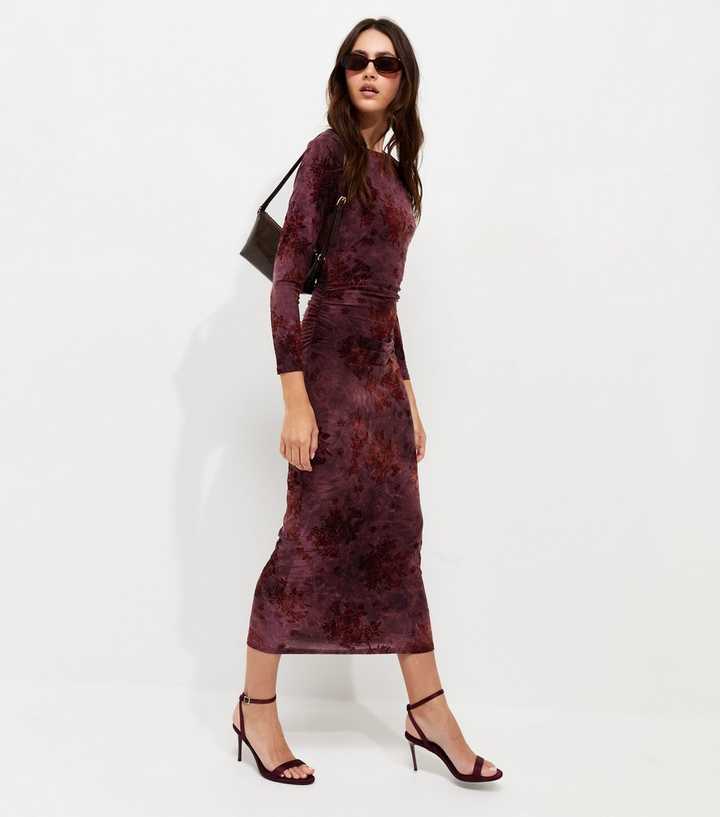 Red Floral Devore Ruched Side Midi Dress