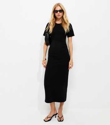 Black Ruched Side Short Sleeve Midi Dress