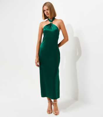 Dark Green Satin Hardware Detail Halter Neck Midi Dress