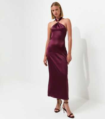 Dark Burgundy Satin Hardware Detail Halter Neck Midi Dress