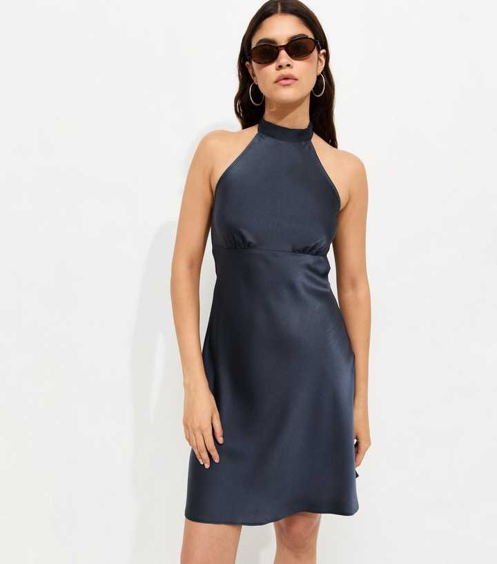 Navy Satin Halter Neck Mini Dress