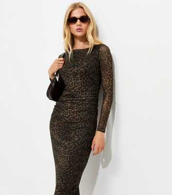 Brown Leopard Print Ruched Side Mesh Midi Dress