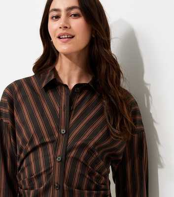 Brown Cotton Striped Mini Shirt Dress