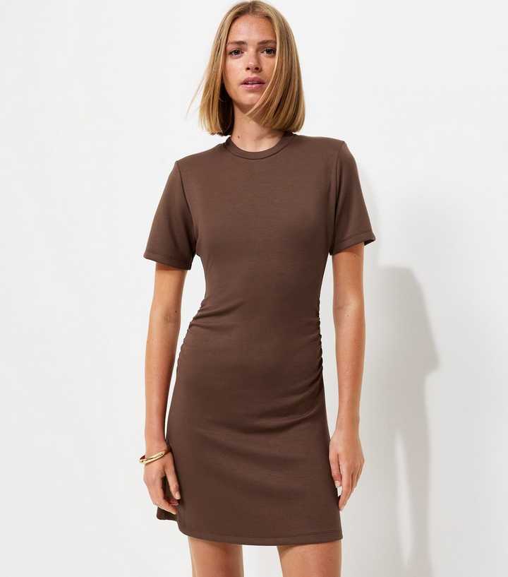 Dark Brown Ruched Side Short Sleeve Mini Dress