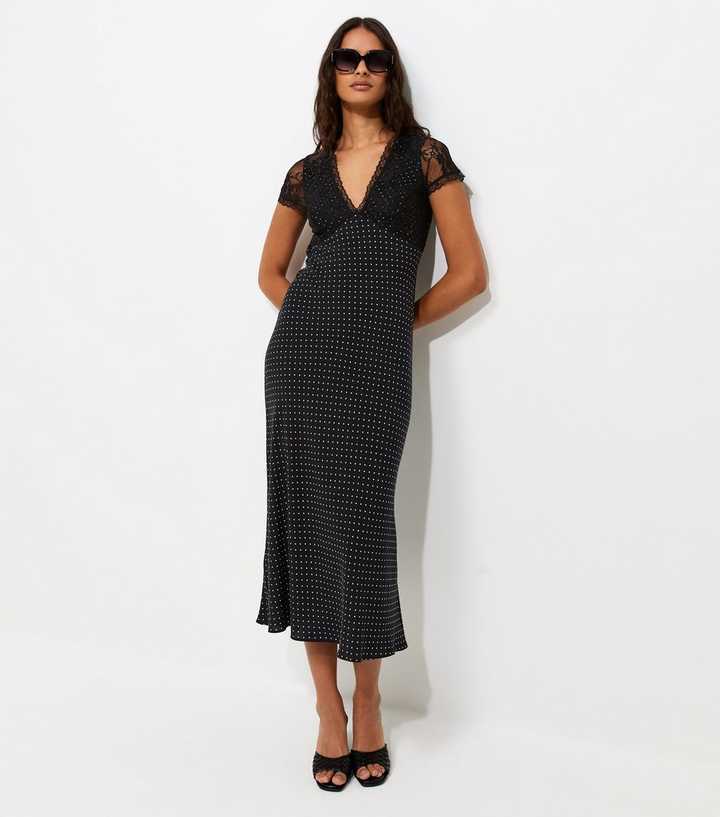 Black Short Sleeve Spot Print Lace Bust Midi Dress