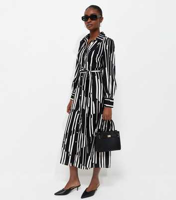 Black Striped Belted Midi Shirt Dress