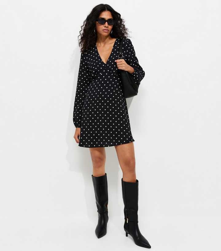 Black Polka Dot Long Sleeve Mini Dress