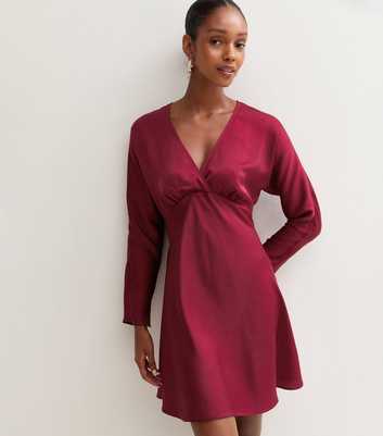 Dark Red Satin V-Neck Mini Dress