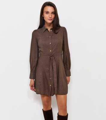 Brown Geometric Print Belted Mini Shirt Dress