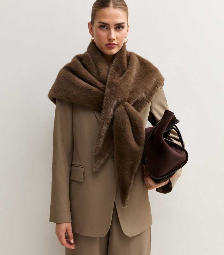 Dark Brown Faux Fur Triangle Shawl Scarf