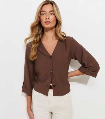 Tall Dark Brown Crinkle Texture Button Front Shirt