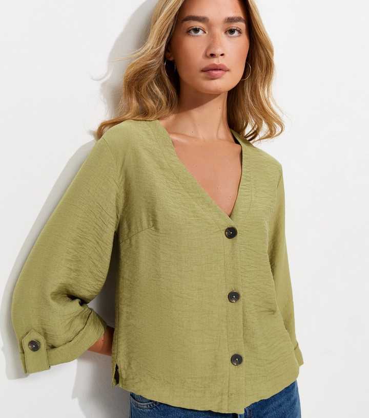 Tall Dark Khaki Crinkle Texture Button Front Shirt