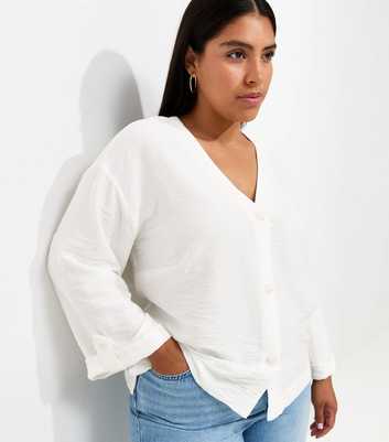 Curves Cream Crinkle Texture Cropped Sleeve Shirt