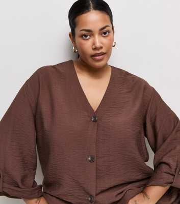Curves Dark Brown Crinkle Texture Cropped Sleeve Shirt