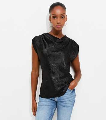 Black Floral Jacquard Cowl Neck Top