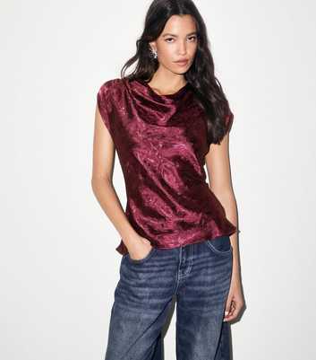 Burgundy Floral Jacquard Cowl Neck Top