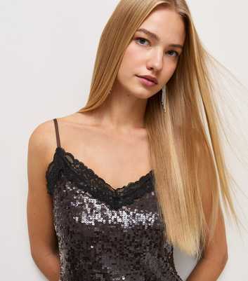 Dark Brown Sequin Lace Trim Cami Vest Top