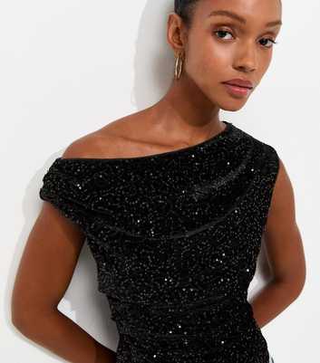 Black Velvet Sequin Fallen Shoulder Top