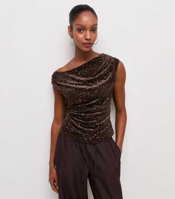 Dark Brown Velvet Sequin Fallen Shoulder Top