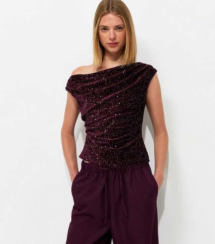 Dark Burgundy Velvet Sequin Fallen Shoulder Top