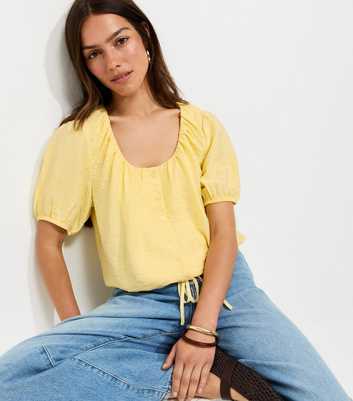 Petite Light Yellow Button Drawstring Bubble Top
