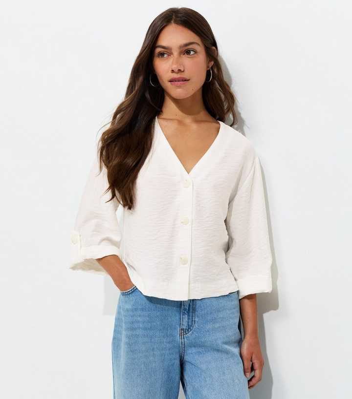 Petite Cream Crinkle Texture Wide Sleeve Cropped Shirt
