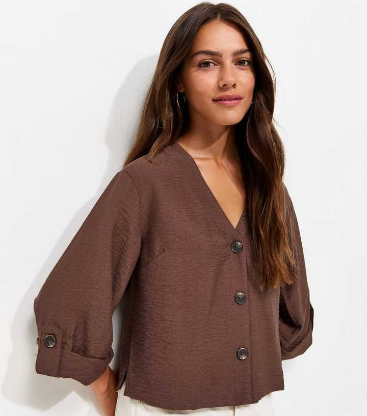 Petite Dark Brown Crinkle Texture Wide Sleeve Cropped Shirt