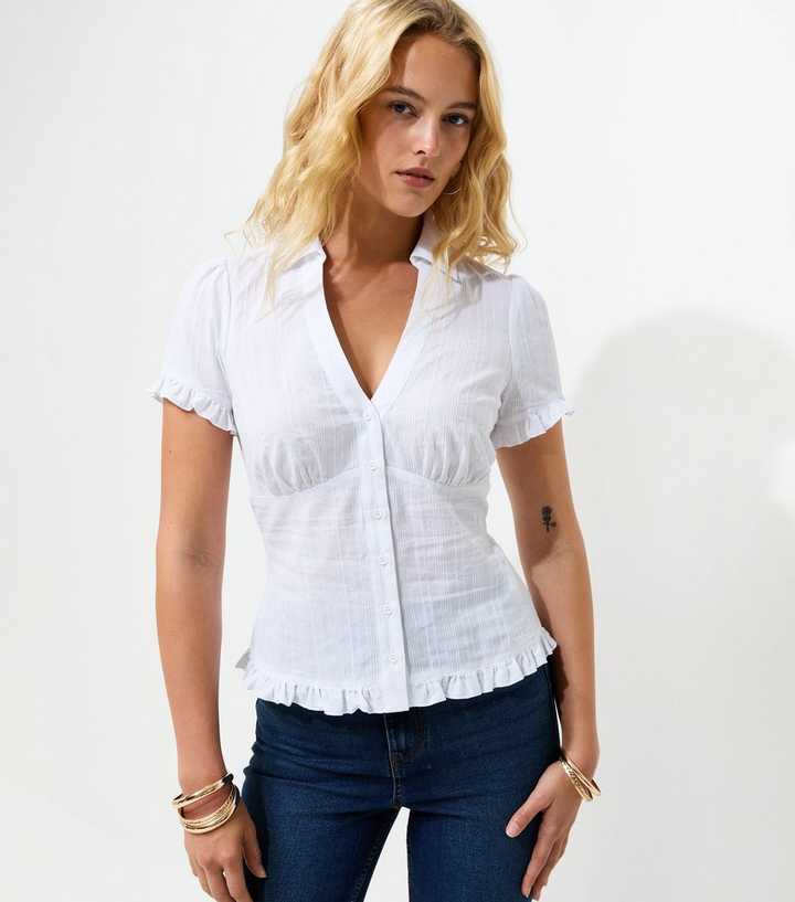Tall White Cotton Frill Trim Short Sleeve Shirt