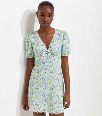 Blue Ditsy Floral V Neck Lace Trim Mini Dress