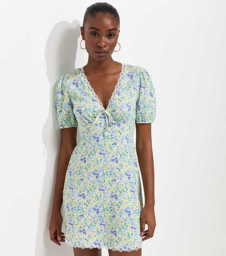 Blue Ditsy Floral V Neck Lace Trim Mini Dress