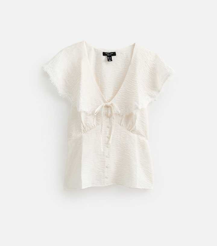 Petite Cream Crinkle Texture Faux Button Lace Cape Blouse