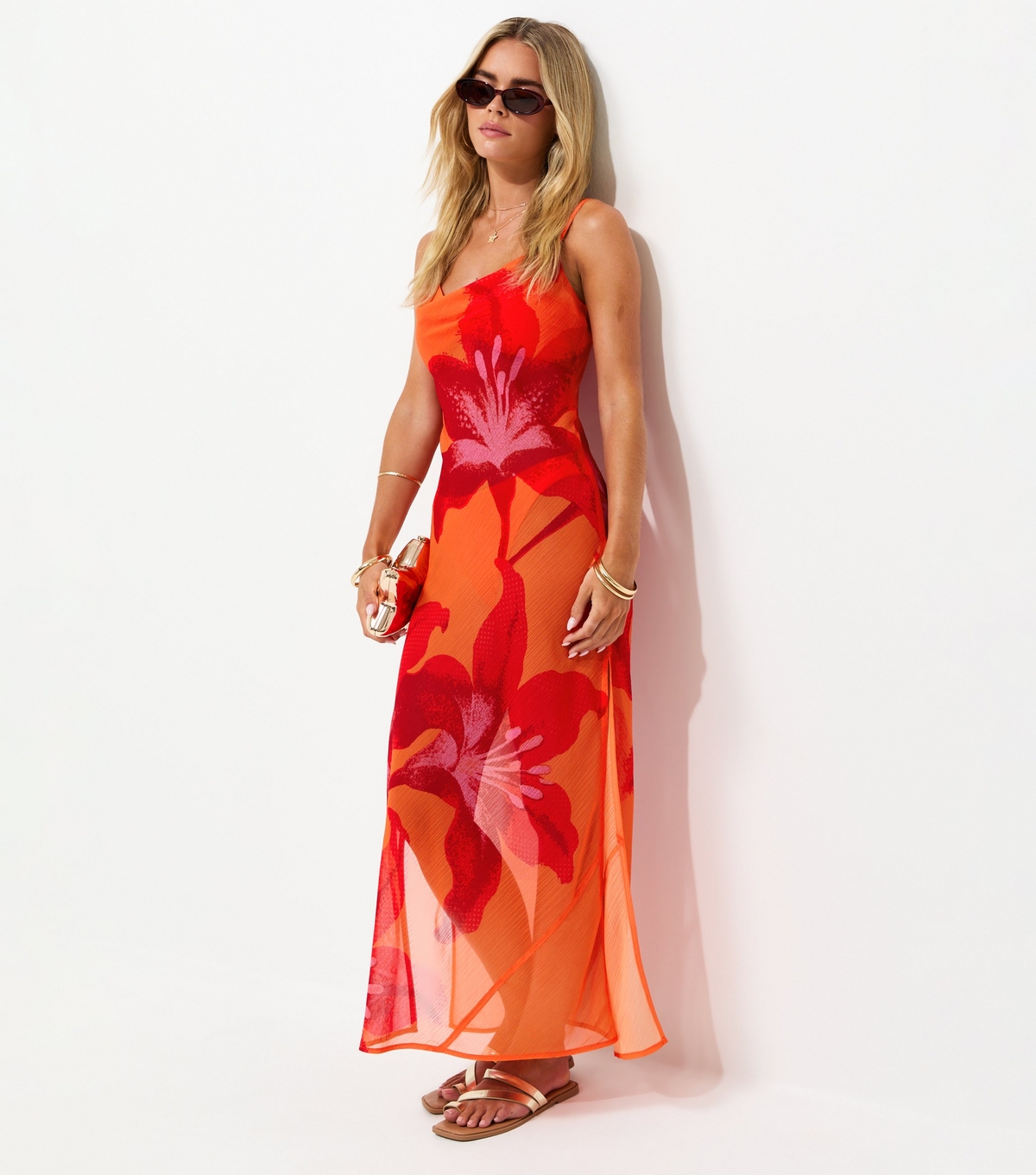 Women's Petite Orange Hibiscus Maxi Beach Dress New Look