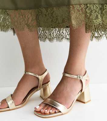 Wide Fit Gold Faux Leather Block Heel Sandals