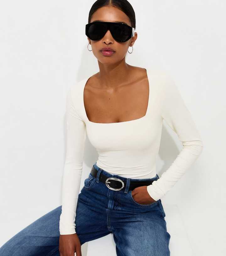 Off White Long Sleeve Square Neck Slinky Bodysuit