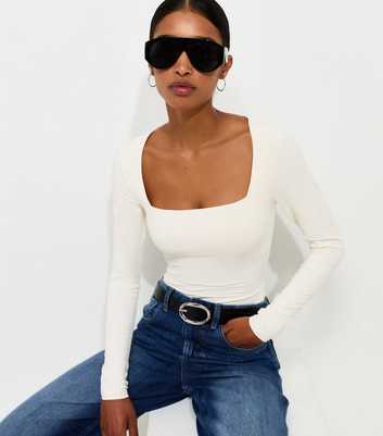 Off White Long Sleeve Square Neck Slinky Bodysuit