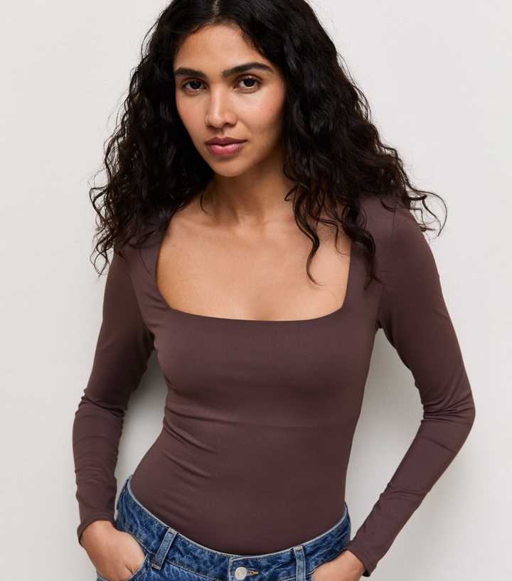 Dark Brown Long Sleeve Square Neck Slinky Bodysuit