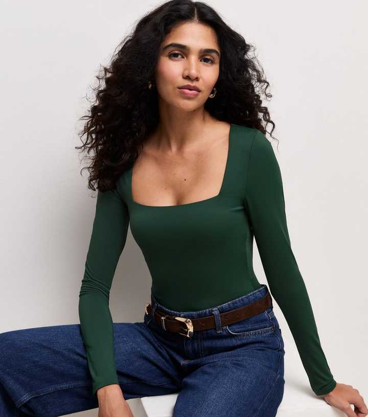 Dark Green Long Sleeve Square Neck Slinky Bodysuit