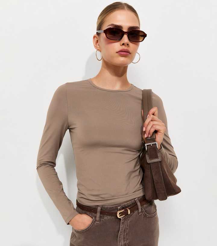 Mink Slinky Jersey Long Sleeve Crew Neck Top
