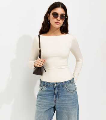 Off White Slinky Long Sleeve Slash Neck Bodysuit