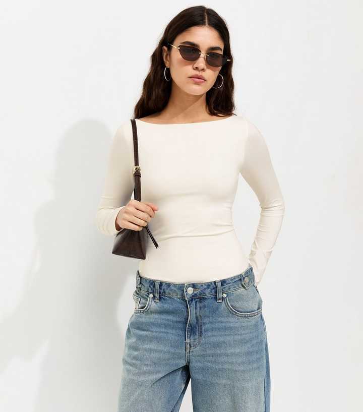 Off White Slinky Long Sleeve Slash Neck Bodysuit