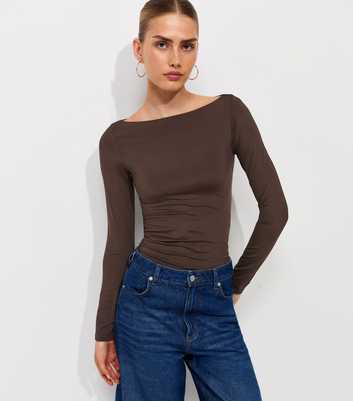 Dark Brown Slinky Long Sleeve Slash Neck Bodysuit